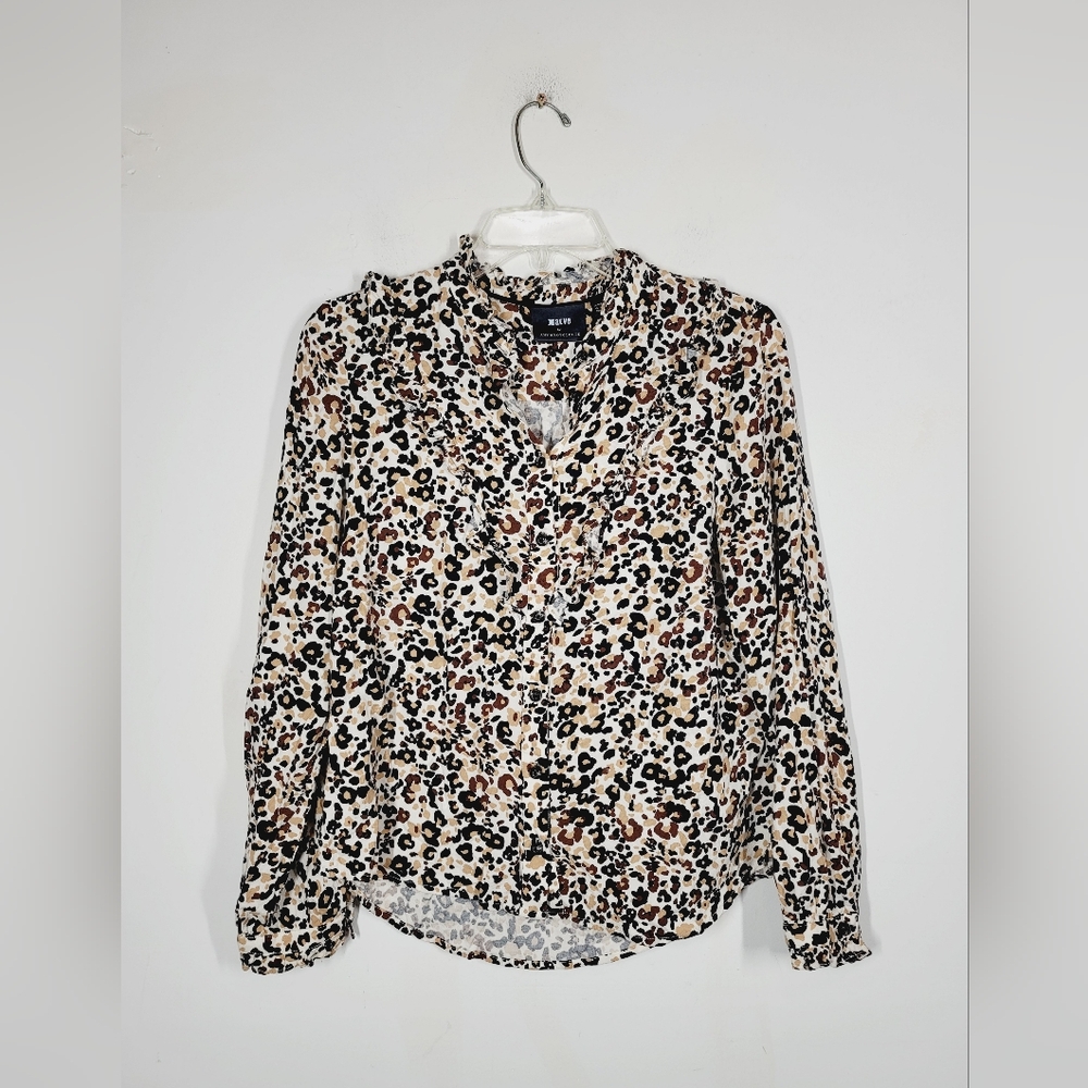 Anthropologie Maeve Karia Ruffle Leopard Print Blouse, Size 8P